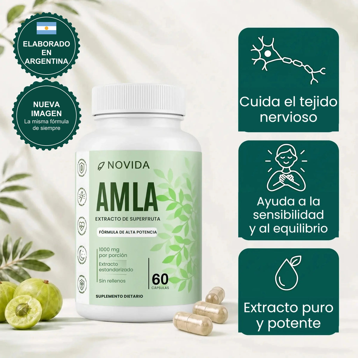 Frasco de Novida Amla en cápsulas, extracto de superfruta, elaborado en Argentina
